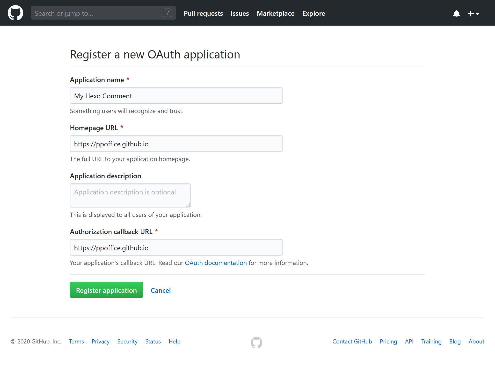 Register OAuth Application - GitHub